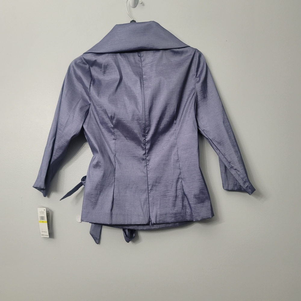 Alex Evenings Petite Size taffet Shawl V-Neck Collar 3/4 Sleeve Tie Waist Blouse - Picture 4 of 10